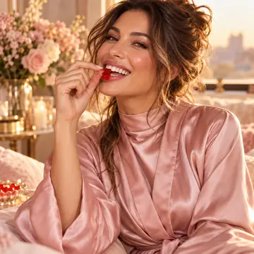 Mulher sorridente de robe de cetim mordendo um ursinho de goma