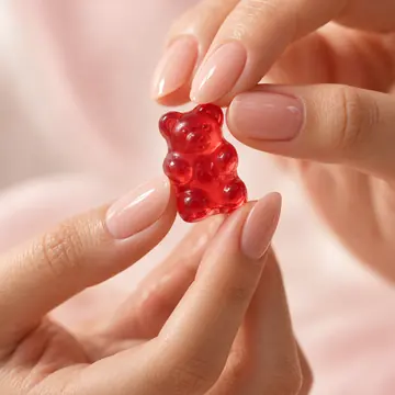 Mãos com unhas saudáveis segurando um ursinho de goma