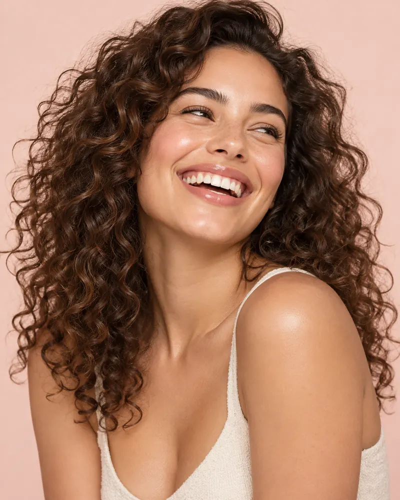 Mulher sorrindo com cabelos cacheados volumosos e saudáveis